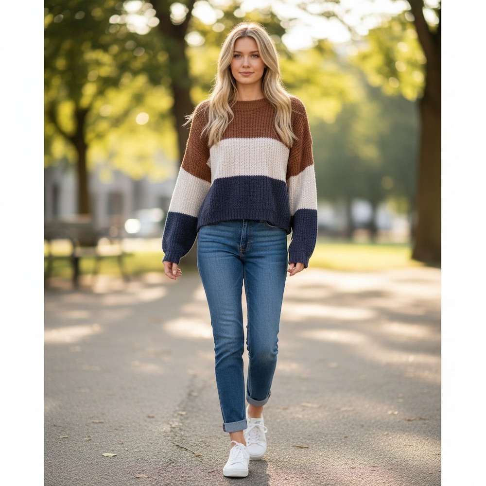 Debut Colorblock Knit Sweater XS Brown Blue Cream Excellent Crew Neck Textured